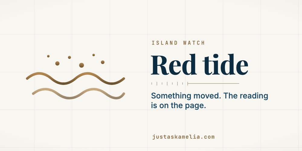 The red tide card: an engraved wave with a scatter of bloom above it, and the words Red tide, something moved, the reading is on the page.