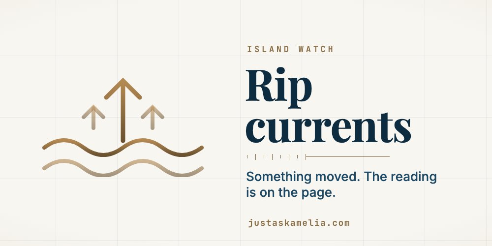 The rip currents card: an engraved channel arrowing out through two surf lines, and the words Rip currents, something moved, the reading is on the page.