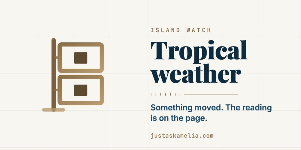 The tropical weather card: an engraved two-flag hurricane hoist on its mast, and the words Tropical weather, something moved, the reading is on the page.